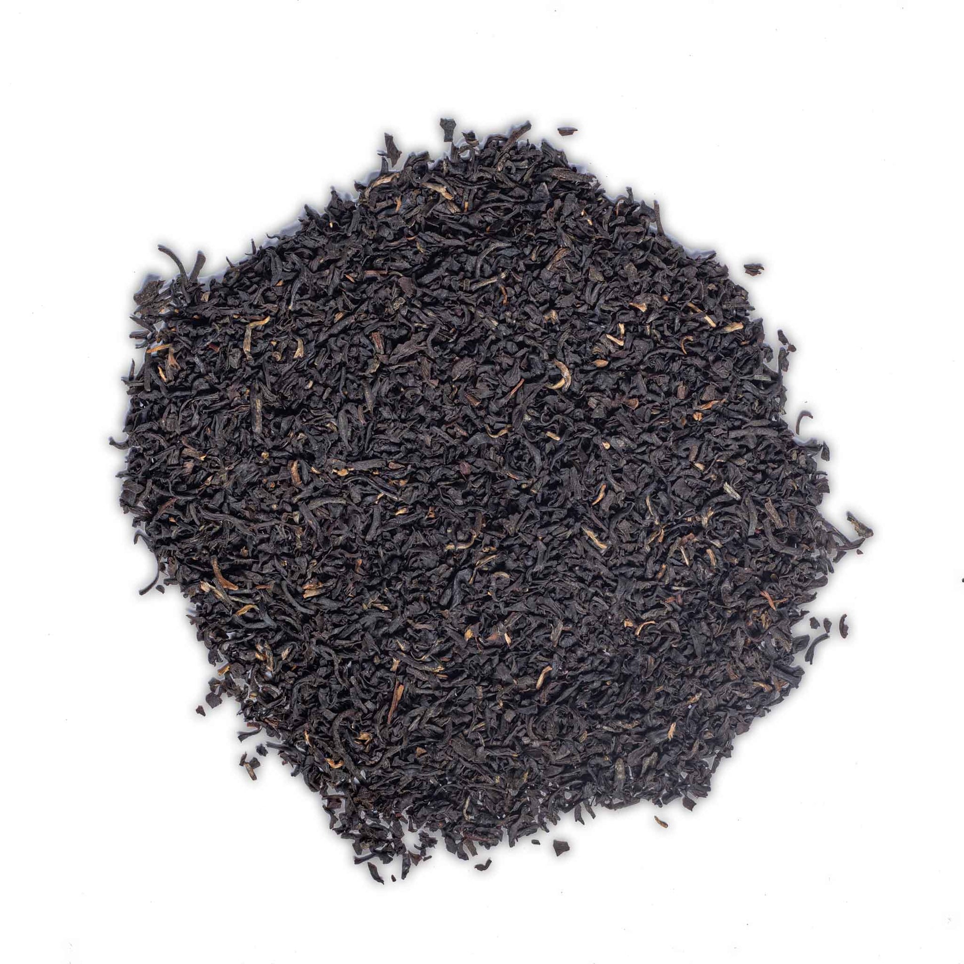 Loose leaf black tea for High Tea with Harriet's London Breakfast blend on white background