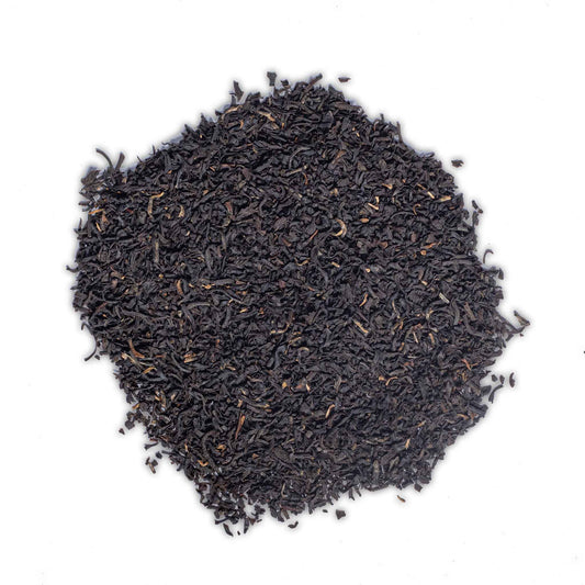 Loose leaf black tea for High Tea with Harriet's London Breakfast blend on white background