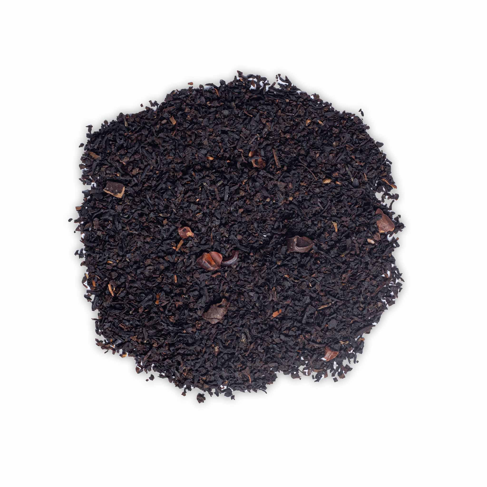 Loose leaf Melbourne Moments black tea by High Tea with Harriet with cacao pieces and caramel notes on white background