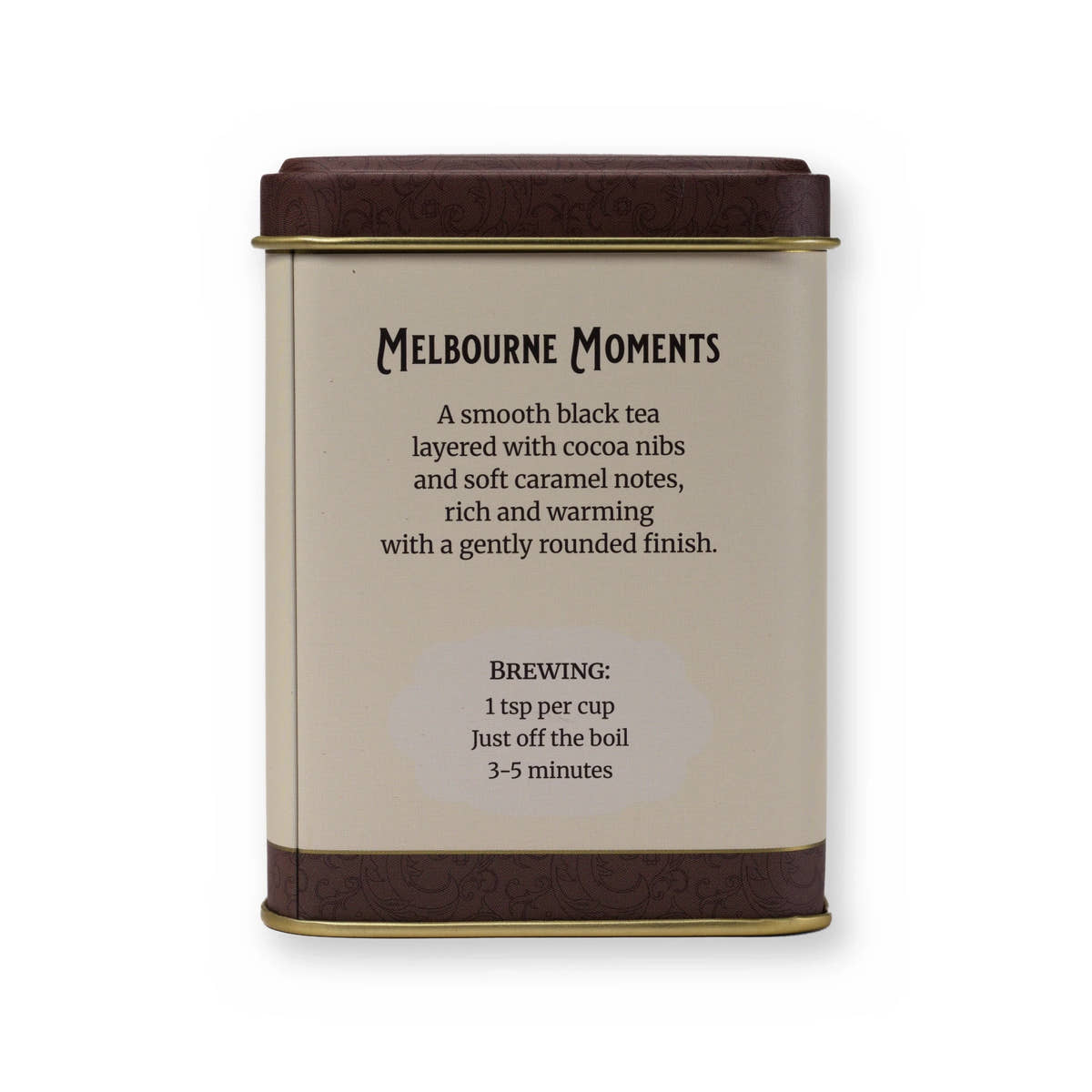 Melbourne Moments caramel & cacao black tea, small tin, back