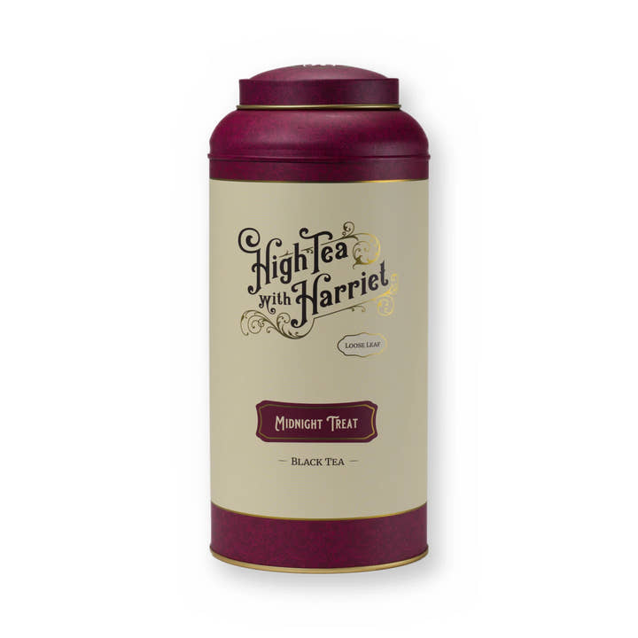 Midnight Treat white chocolate & strawberry black tea, large tin, front