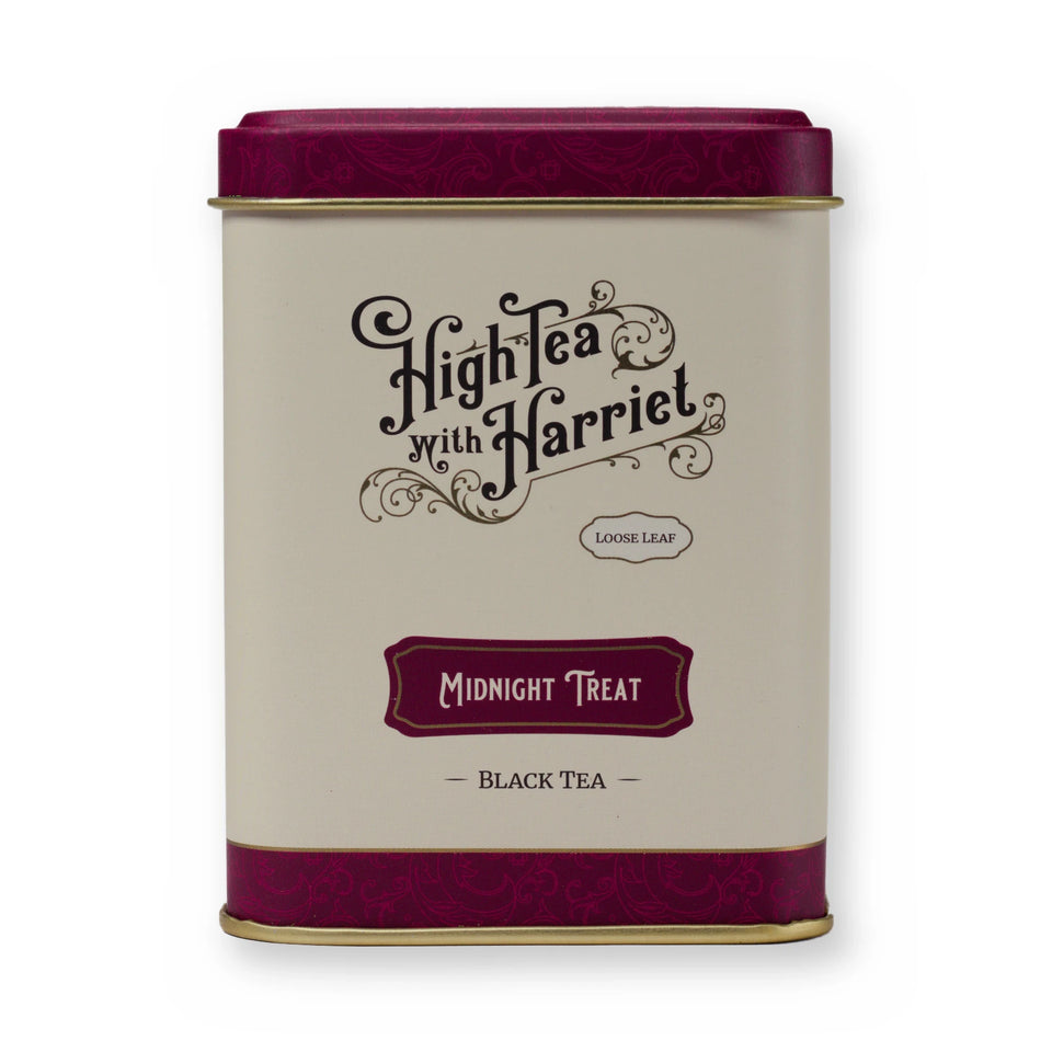 Midnight Treat white chocolate & strawberry black tea, small tin, front