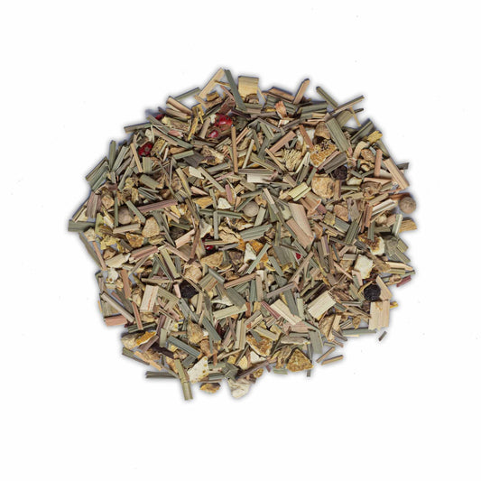 Loose leaf Monsoon Moon herbal tea by High Tea with Harriet featuring lemongrass, ginger, and citrus peel on white background
