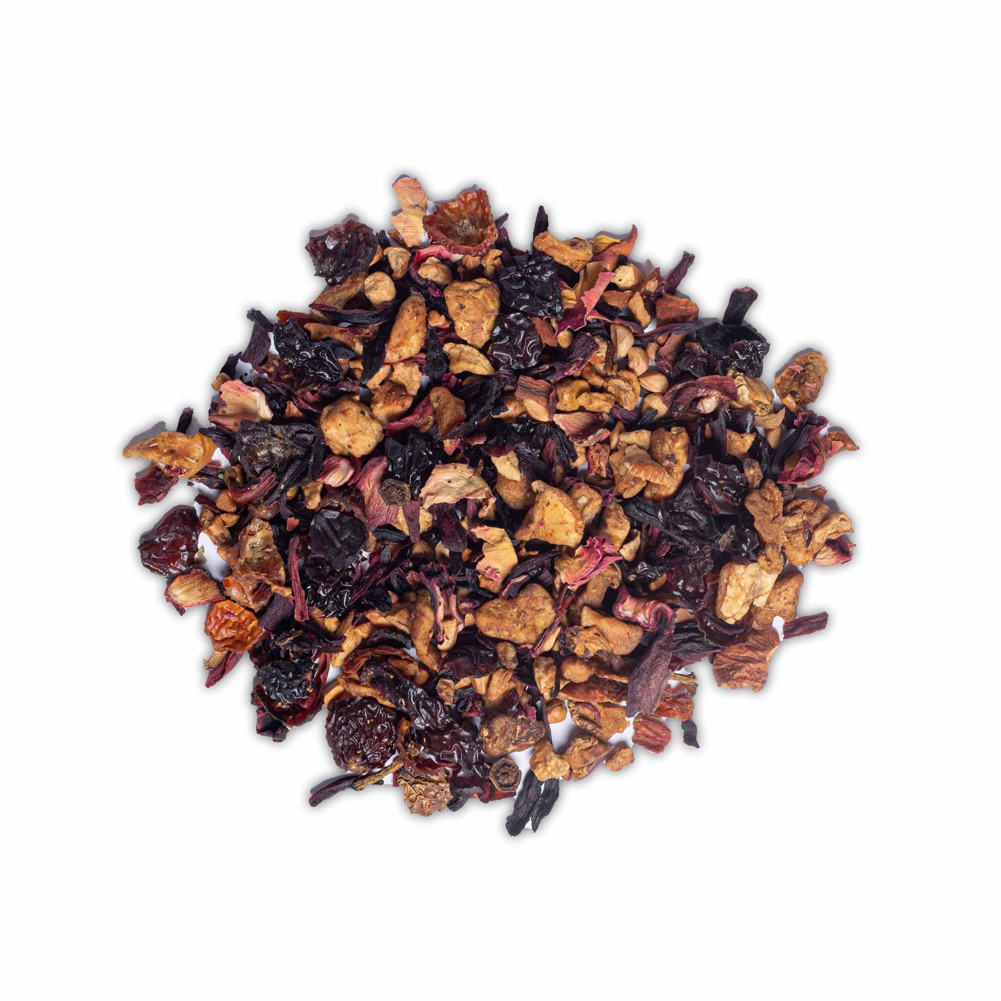 Loose leaf fruit tisane for High Tea with Harriet Peach Blush featuring dried fruits and petals on white background