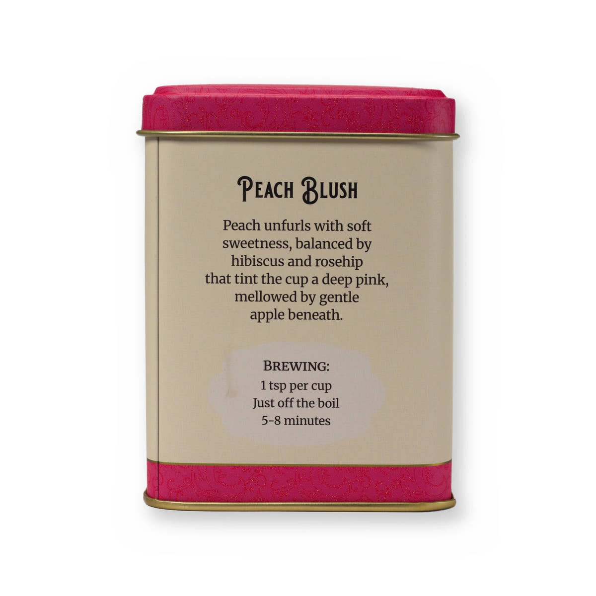 Peach Blush peach & hibiscus fruit tisane, small tin, back