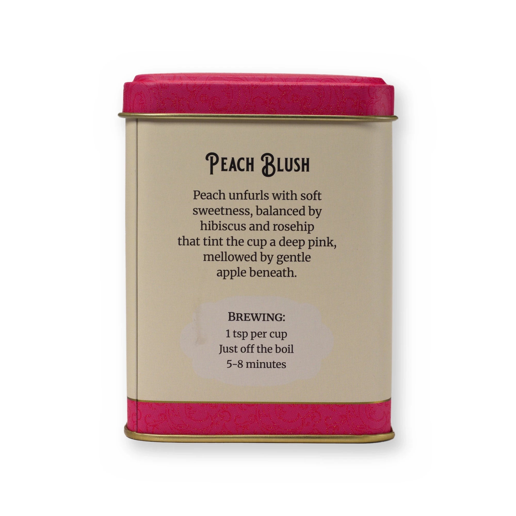 Peach Blush peach & hibiscus fruit tisane, small tin, back
