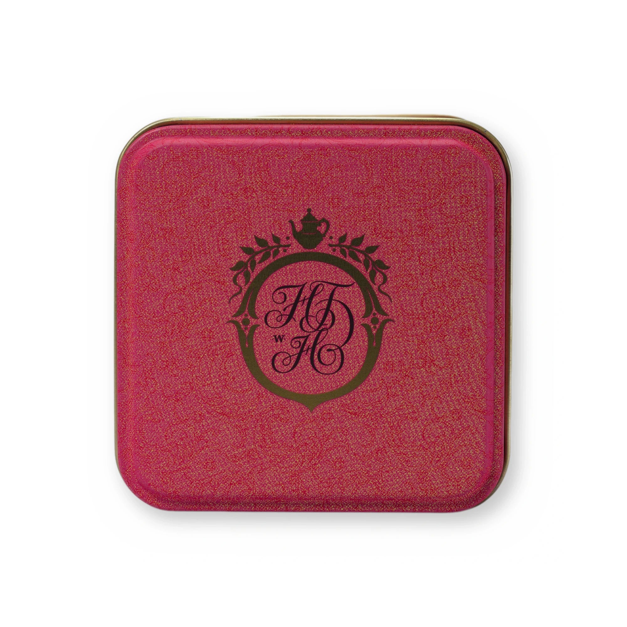 Peach Blush peach & hibiscus fruit tisane, small tin, lid from above