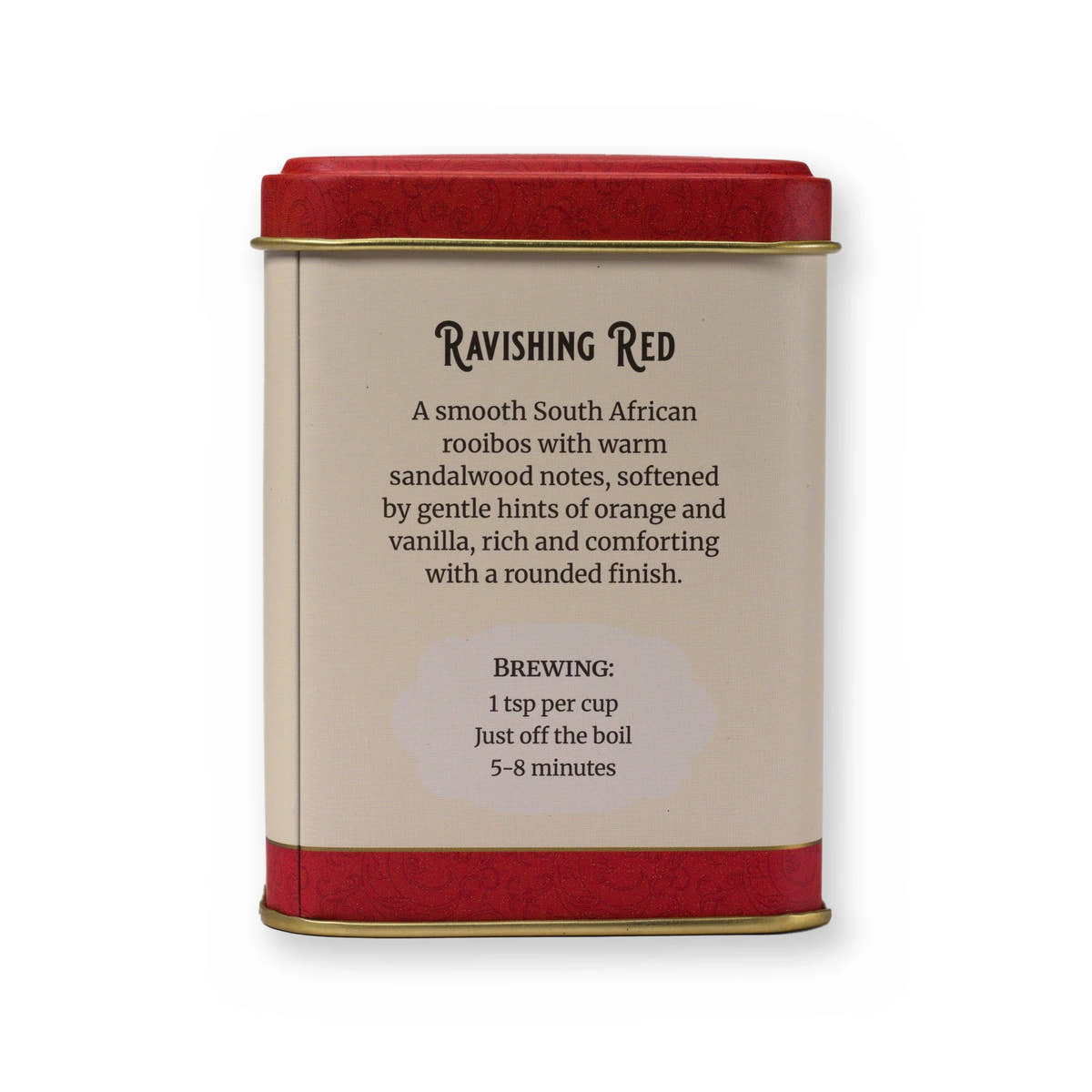 Ravishing Red orange & vanilla rooibos, small tin, back