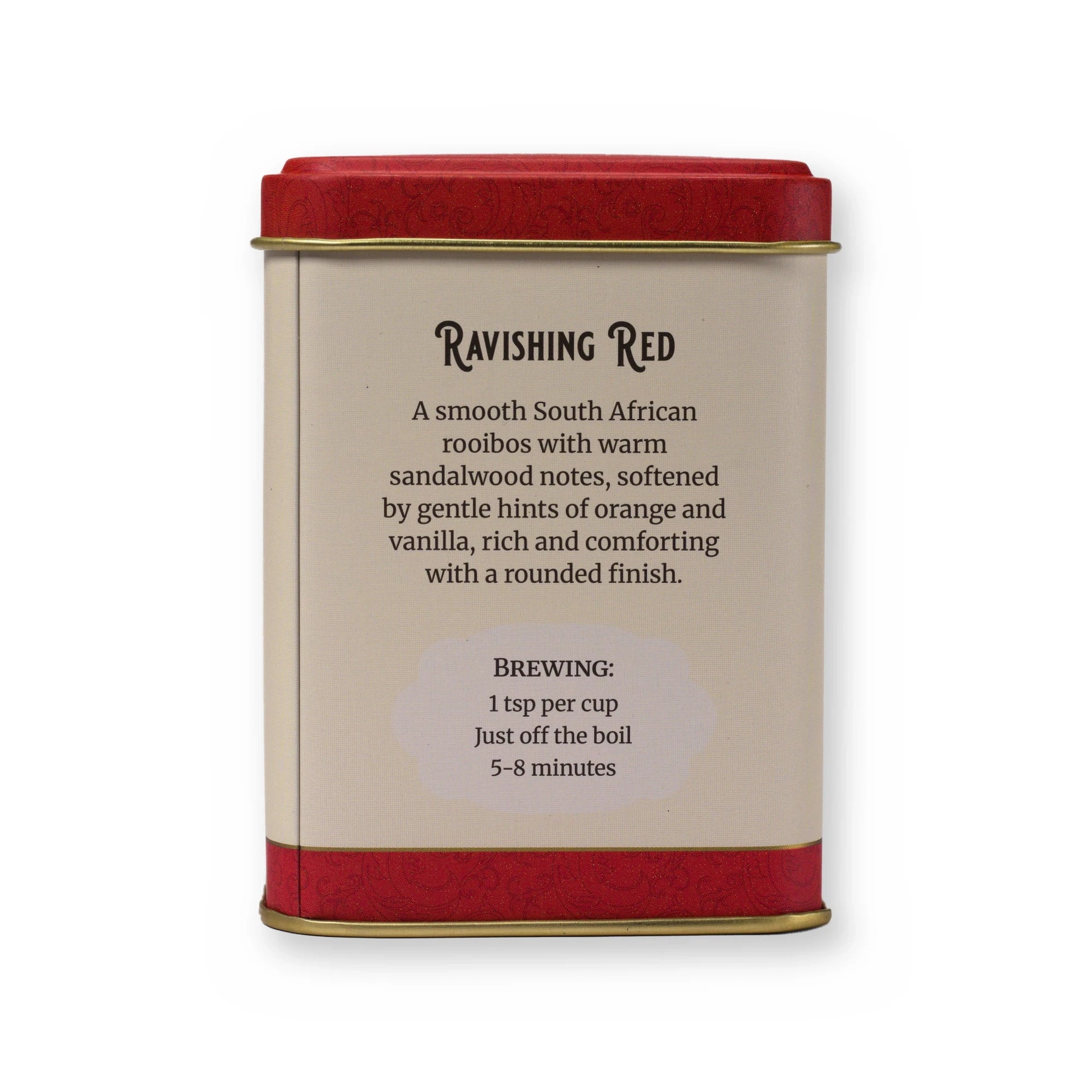 Ravishing Red orange & vanilla rooibos, small tin, back