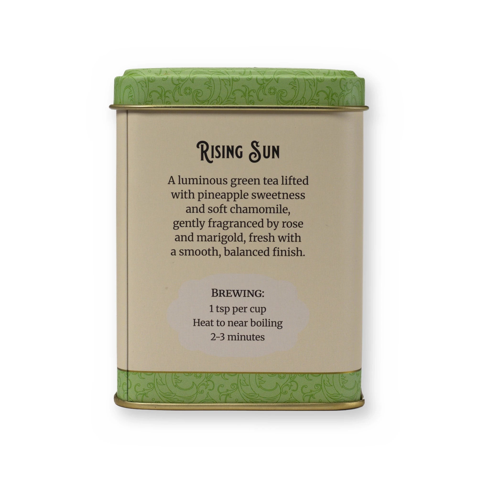 Rising Sun pineapple & blossom green tea, small tin, back