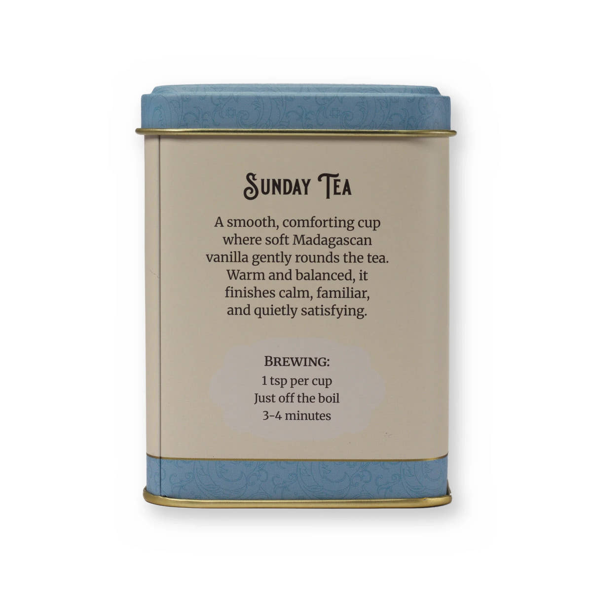 Sunday Tea malt & vanilla black tea, small tin, back