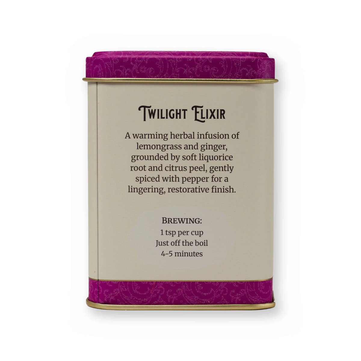 Twilight Elixir lemongrass & ginger herbal tea, small tin, back