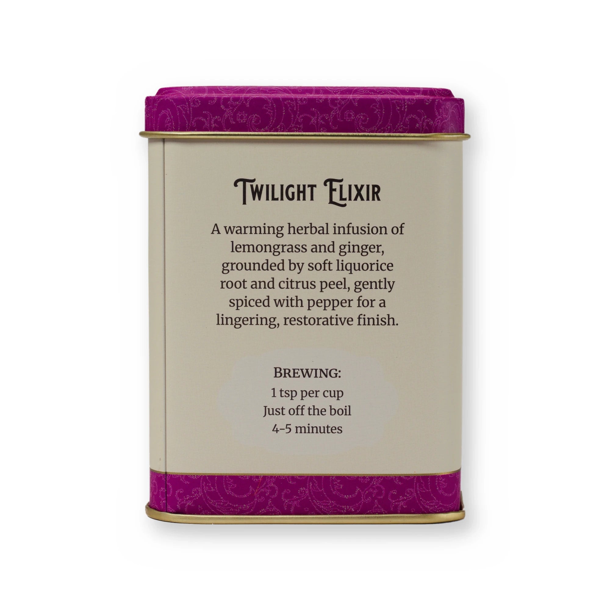 Twilight Elixir lemongrass & ginger herbal tea, small tin, back