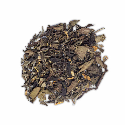 Loose leaf white tea for High Tea with Harriet White Night blend with delicate, silvery leaves and petals on white background