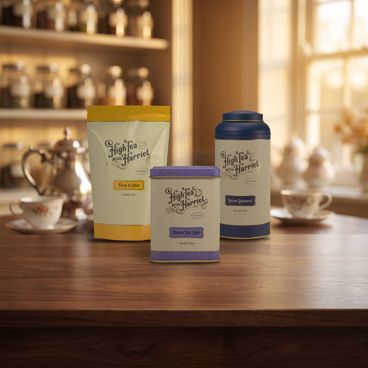 Fields of Gold pouch, French Earl Grey tin and English Breakfast tin on a tea shop counter