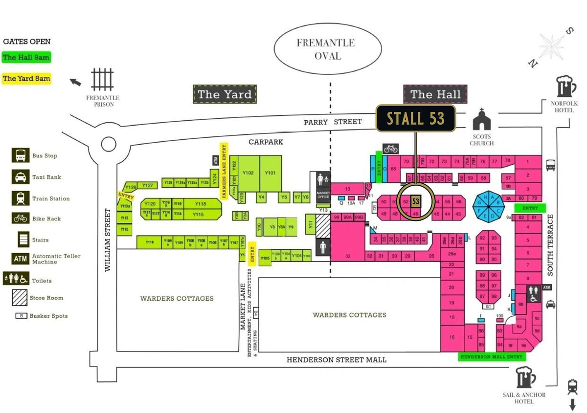 Fremantle Markets map with Stall 53 ringed in gold, in The Hall between South Terrace and the Yard